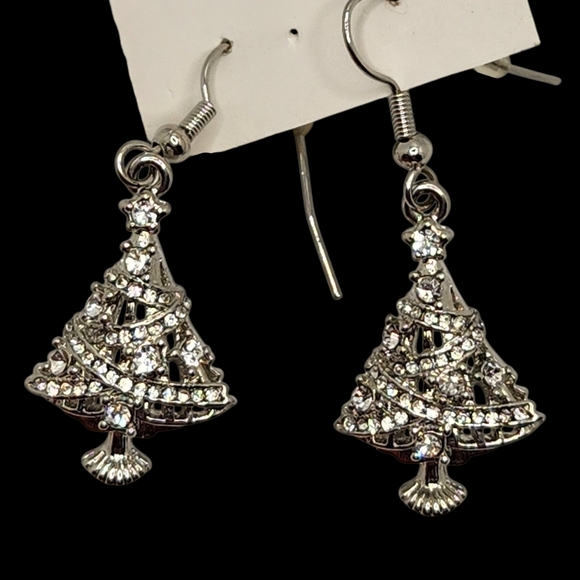 90s Vintage Silver Tone Crystal Encrusted Tree Drop Earrings Womens - Picture 5 of 5
